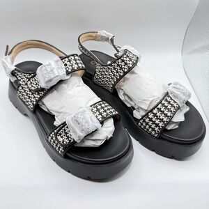 AIJVOU Platform Sandals Womens 7.5 Black White Tweed Chunky Lug Sole New
